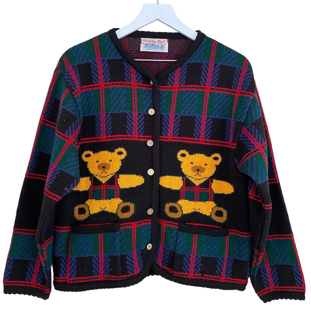 Vintage 80's 90'sPlaid Sweater Cardigan with Pom Pom Bears